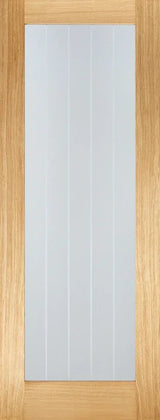 Oak Mexicano glazed pre-finished door with vertical frosted glass panel and wood grain border