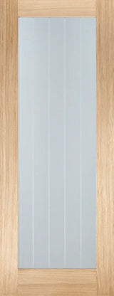 Oak Mexicano glazed internal door with vertical frosted glass panel and wood grain frame