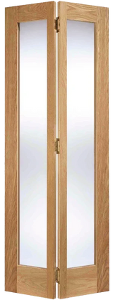 Oak pattern glazed 2L bi-fold door with large glass panels and brass hinges