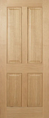 Oak 4 panel interior door with natural wood grain and raised rectangular panels