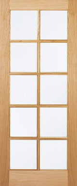 Oak glazed internal door with ten clear glass panels, natural wood frame, front view