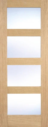Oak shaker glazed door with four clear glass panels, straight-on view