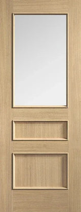Oak glazed interior door with three panels and large clear glass section
