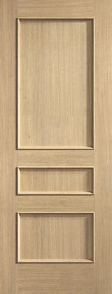 Oak internal door with three rectangular recessed panels and natural wood grain finish