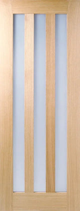 Oak internal door with three frosted glazed panels and light wood finish, front view