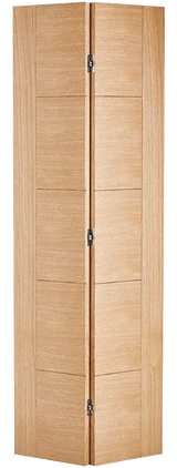 Oak bi-fold door with vertical panels and metal hinges, shown folded and upright