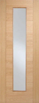 Oak glazed door with vertical glass panel and light wood grain finish