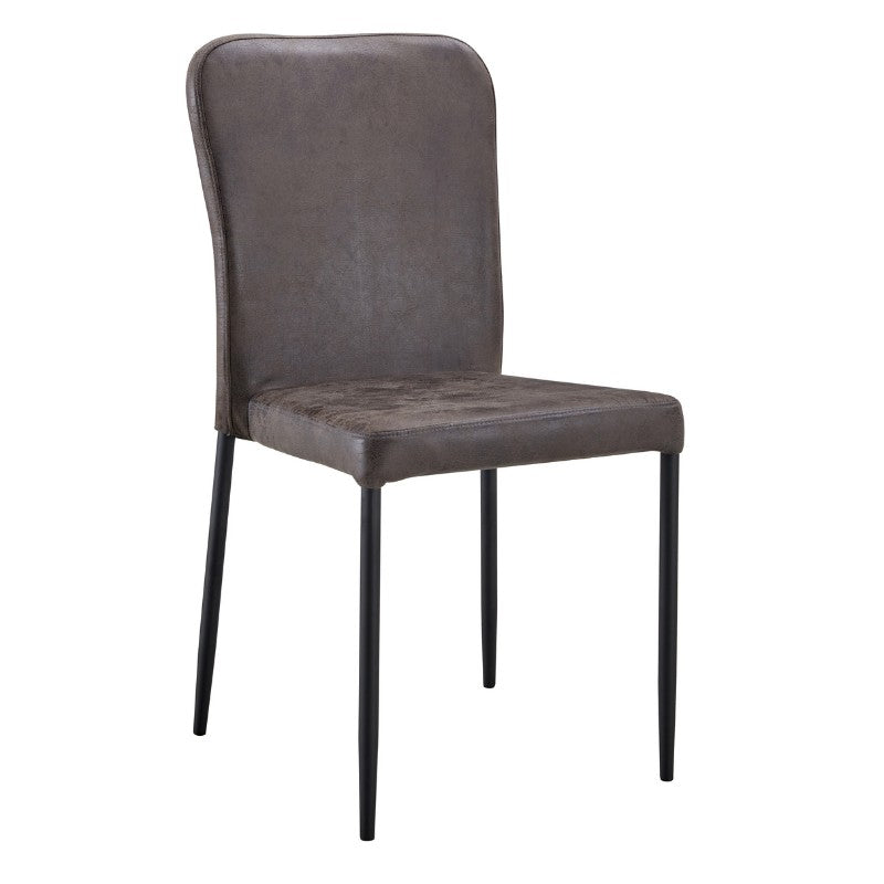Gray upholstered chair with black legs on a white background