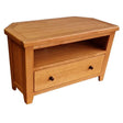 Oak corner TV unit with open shelf and single drawer, angled design, wood finish