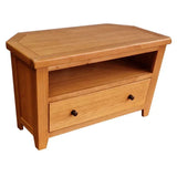 Oak corner TV unit with open shelf and single drawer, angled design, wood finish