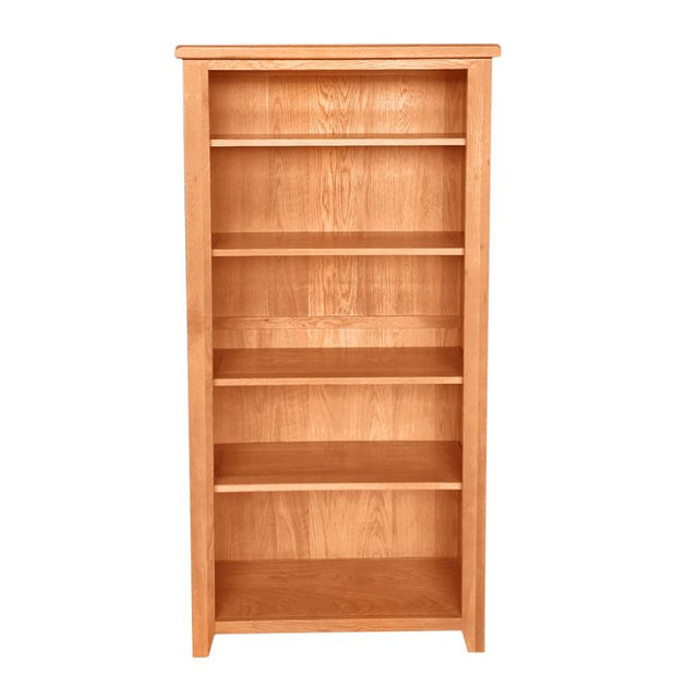 Tall oak bookcase with five shelves and natural wood grain finish