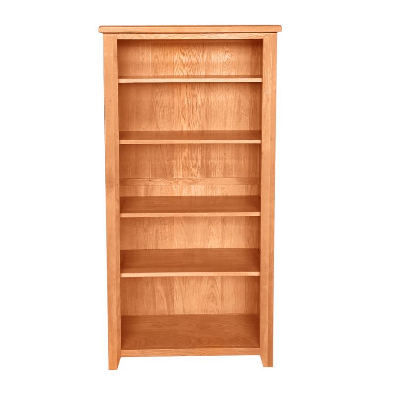 Tall oak bookcase with five shelves and natural wood grain finish
