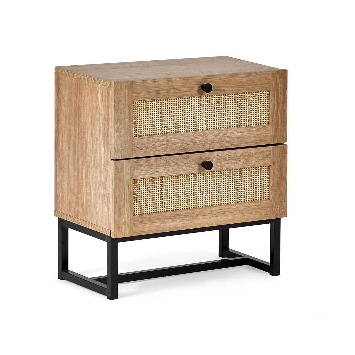 Oak bedside table with two drawers, cane rattan fronts, and black metal legs