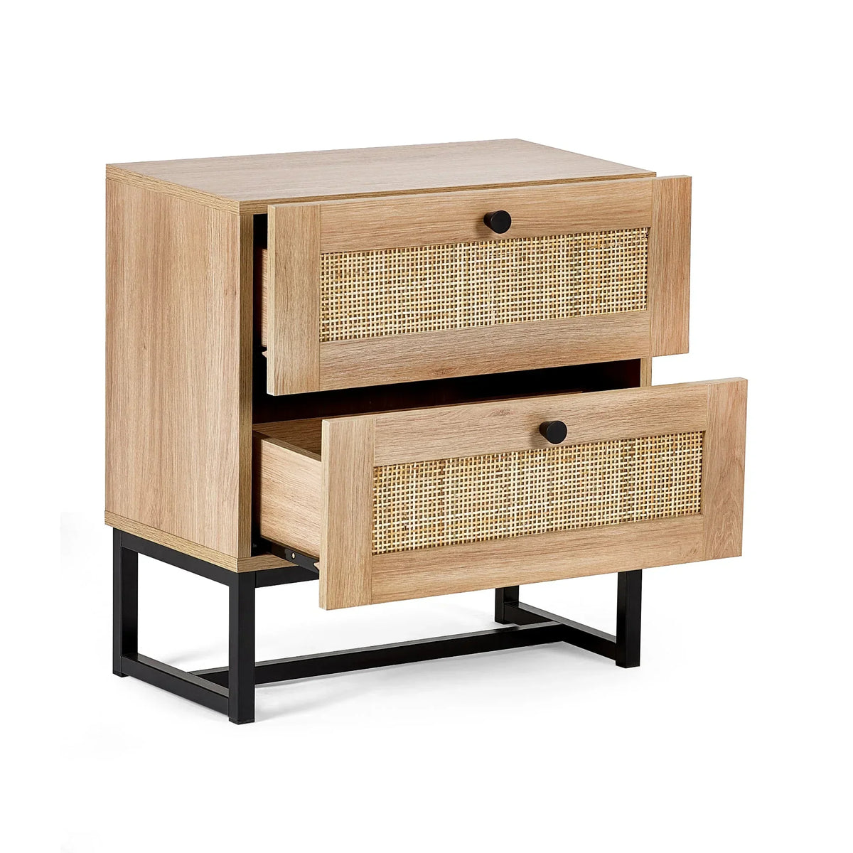 Oak bedside table with two open drawers, rattan fronts, and black metal legs