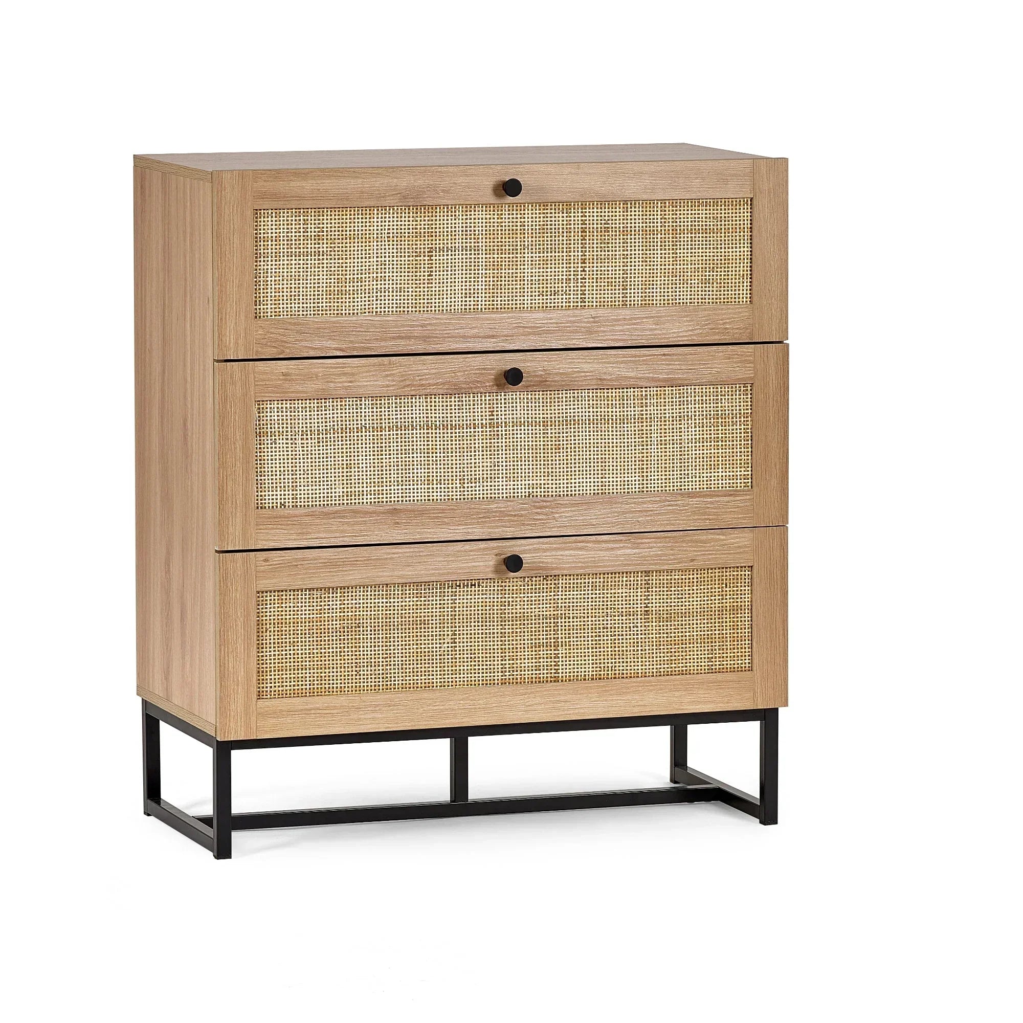 Oak three drawer chest with woven rattan fronts and black metal legs