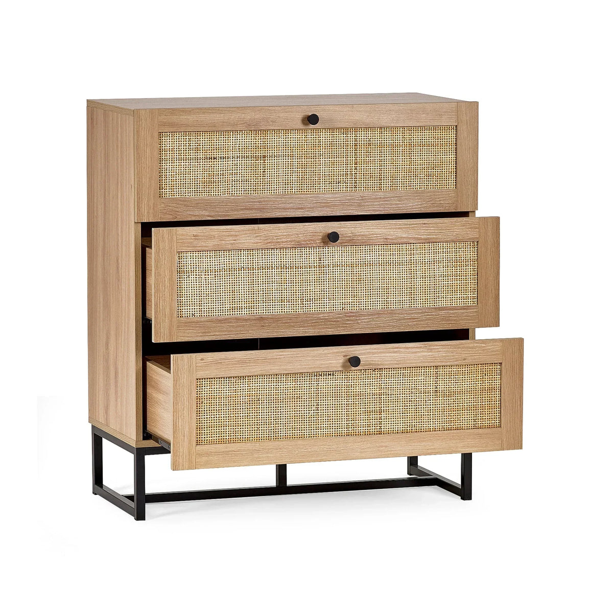 Oak three drawer chest with rattan fronts and black metal base, all drawers open