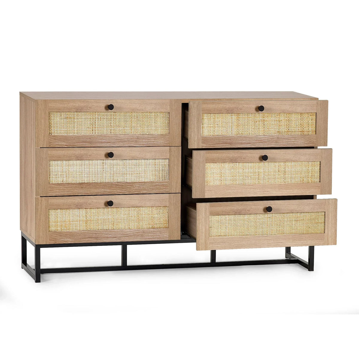 Oak chest of drawers with six drawers, rattan fronts, and black metal base, some drawers open