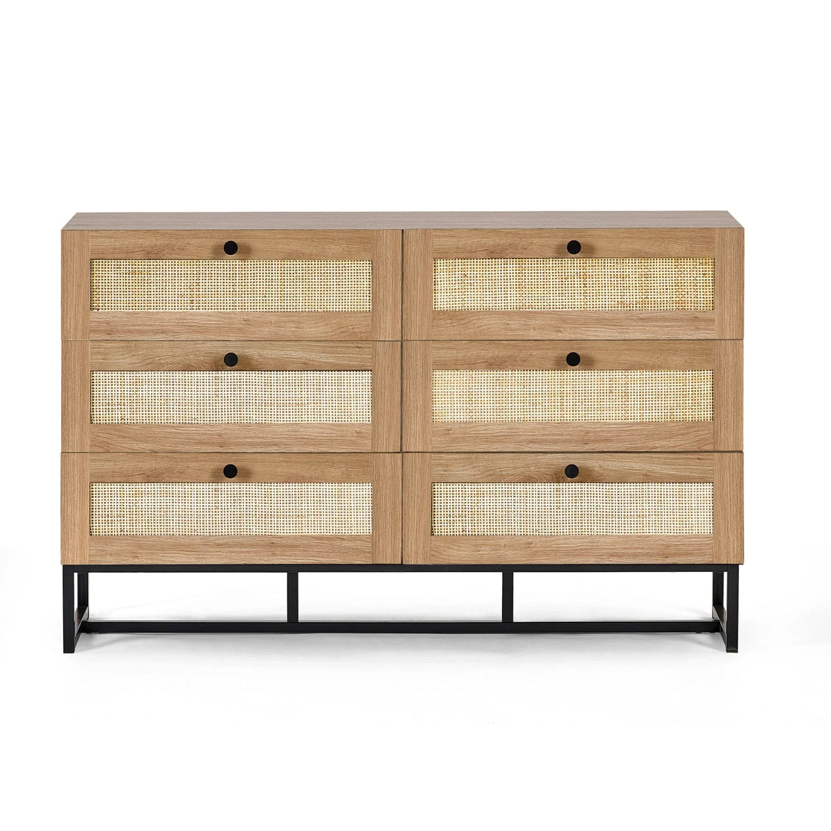 Oak 6 drawer chest with woven rattan panels and black metal legs, front view