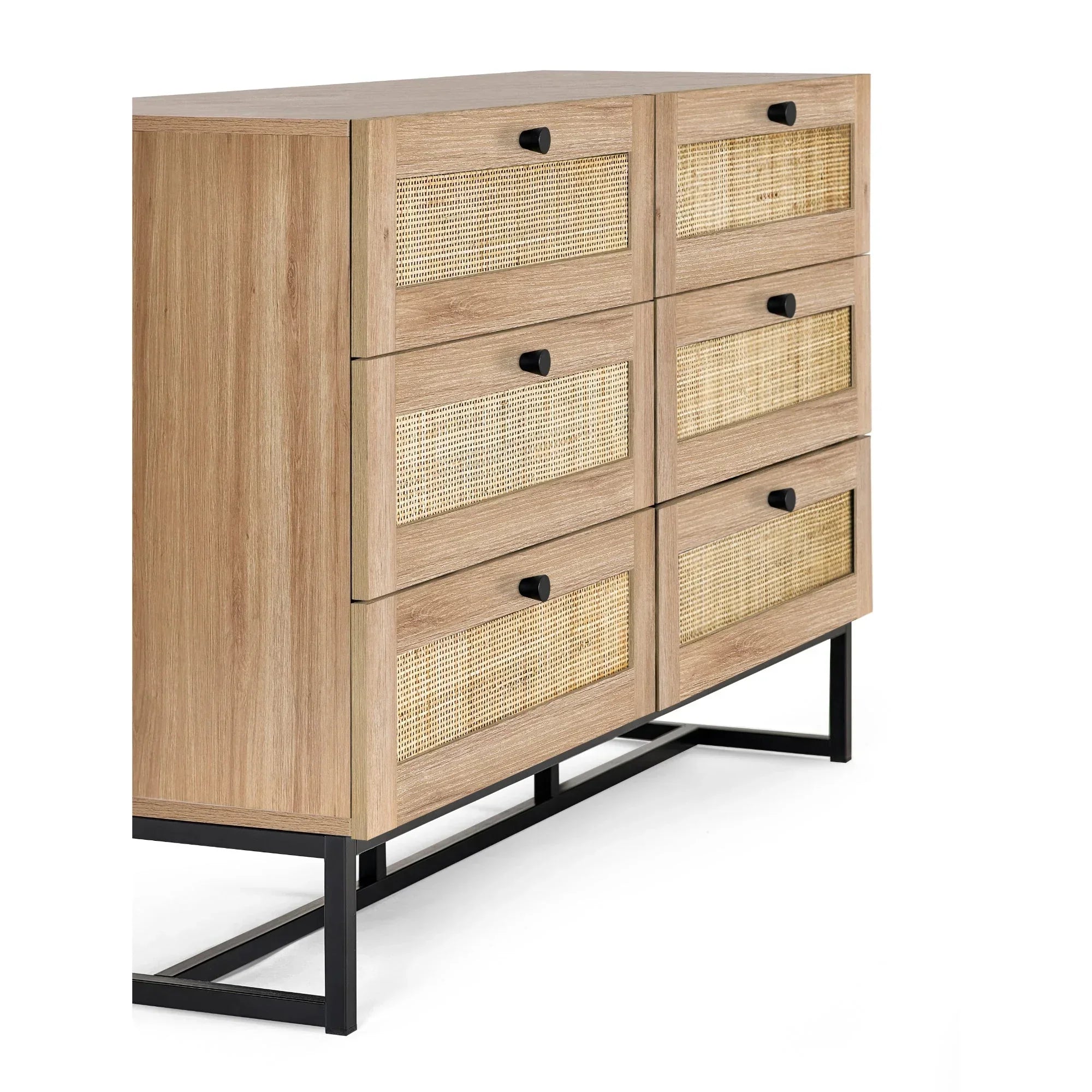 Oak chest of drawers with six woven rattan front drawers and black metal legs