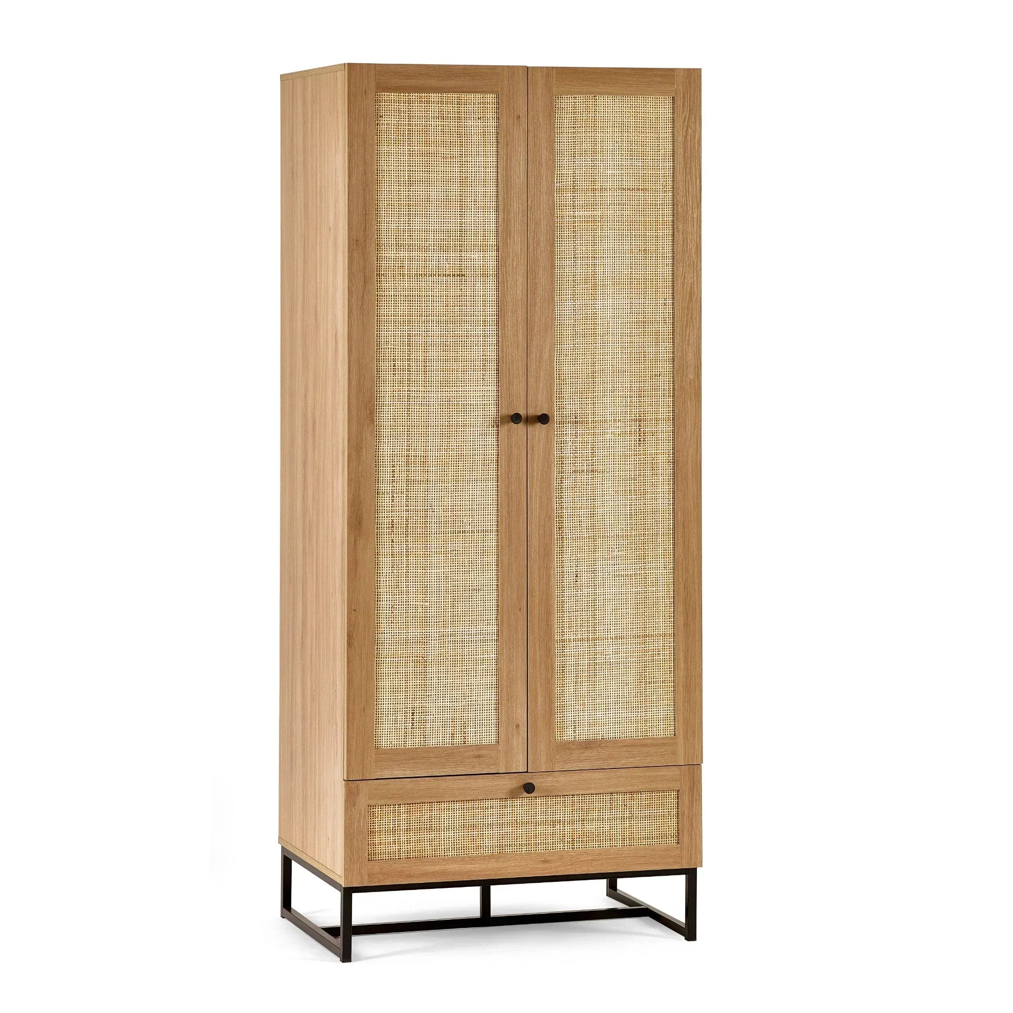 Oak wardrobe with rattan doors and drawer, black metal legs, front angle view