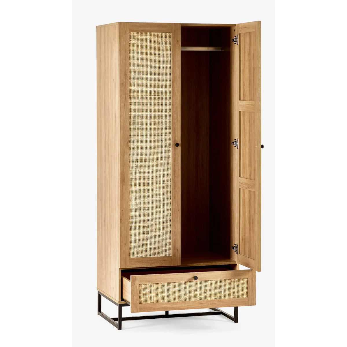 Oak wardrobe with rattan panel doors, open drawer, and black metal legs