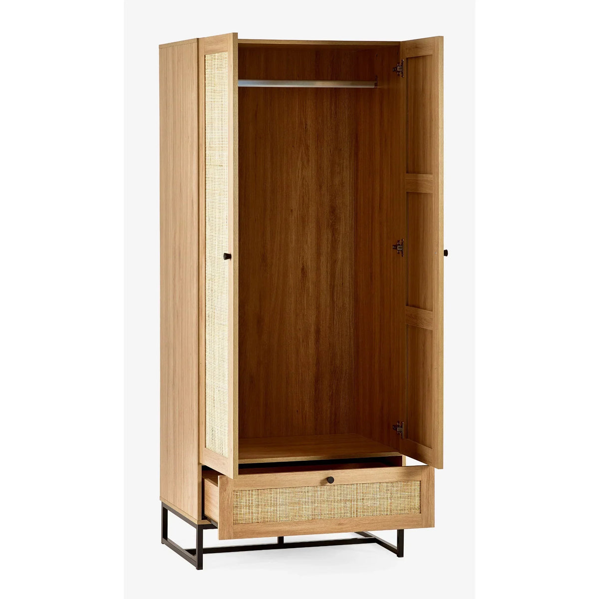 Oak wardrobe with open doors, hanging rail, lower drawer and metal legs