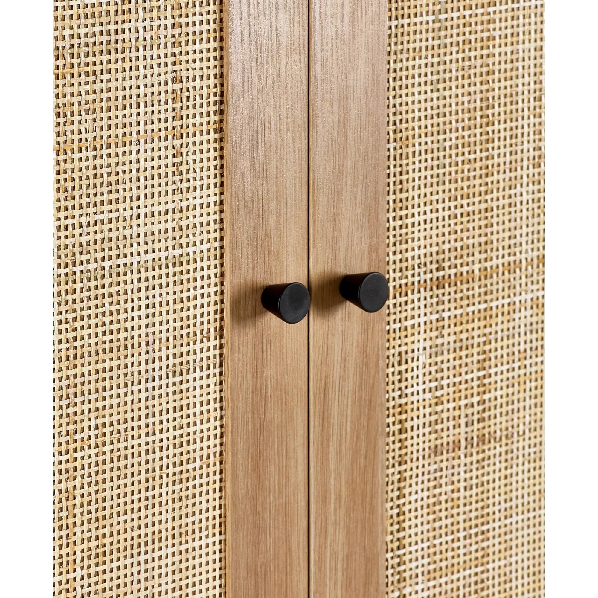 Padstow wardrobe oak doors with black handles and woven cane panel detail