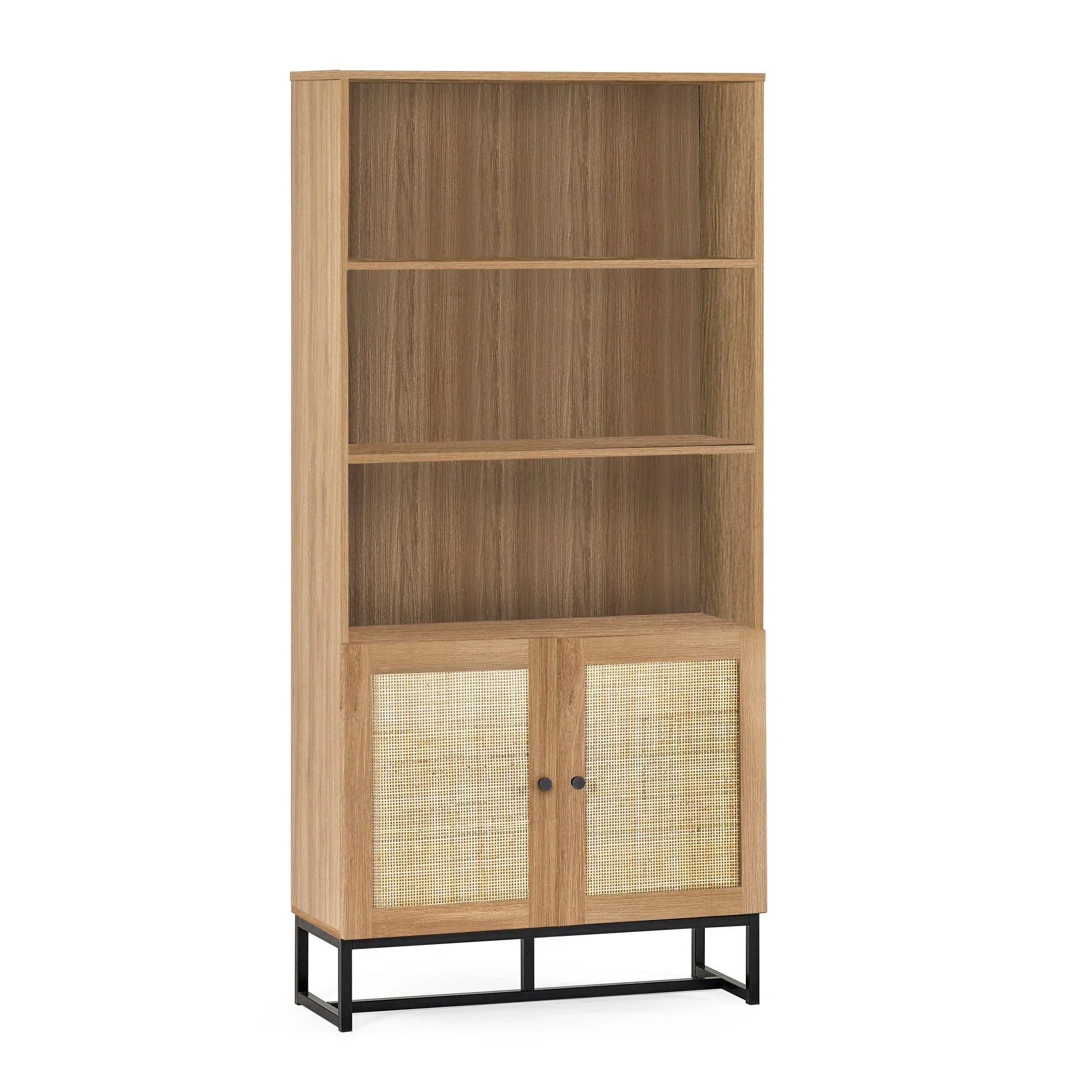 Oak bookcase with open shelves, cane panel doors, and black metal legs