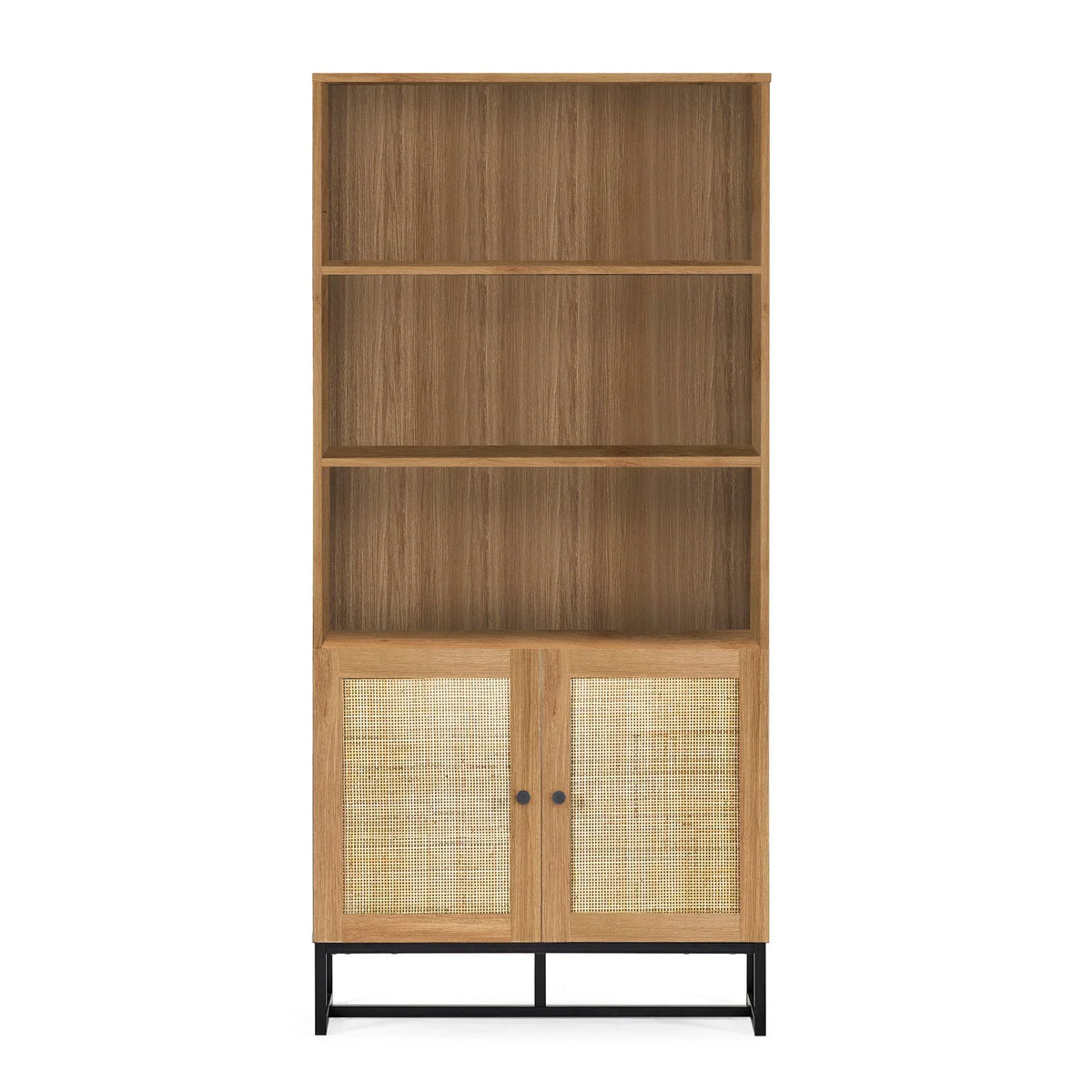 Oak bookshelf with two cane doors and black metal legs, three open shelves, front view