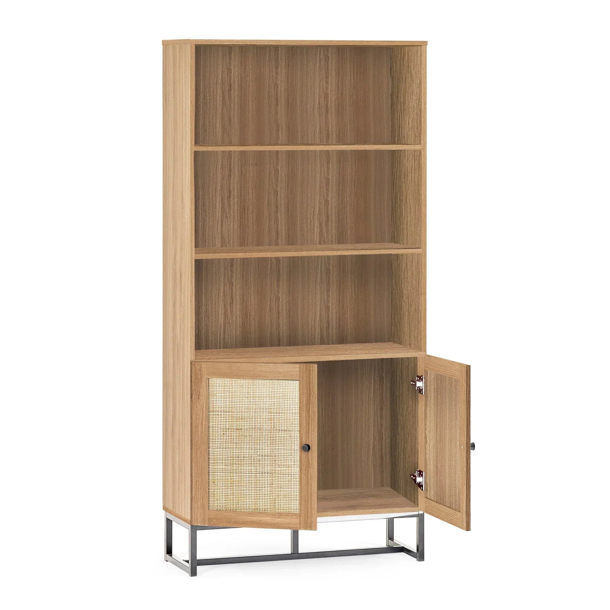 Tall oak bookcase with three open shelves, metal legs, and lower cabinet with open doors