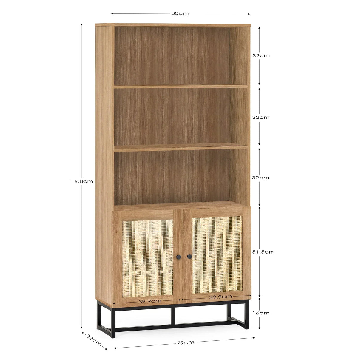 Tall oak bookcase with three shelves, rattan cabinet doors and black metal legs, dimensions shown