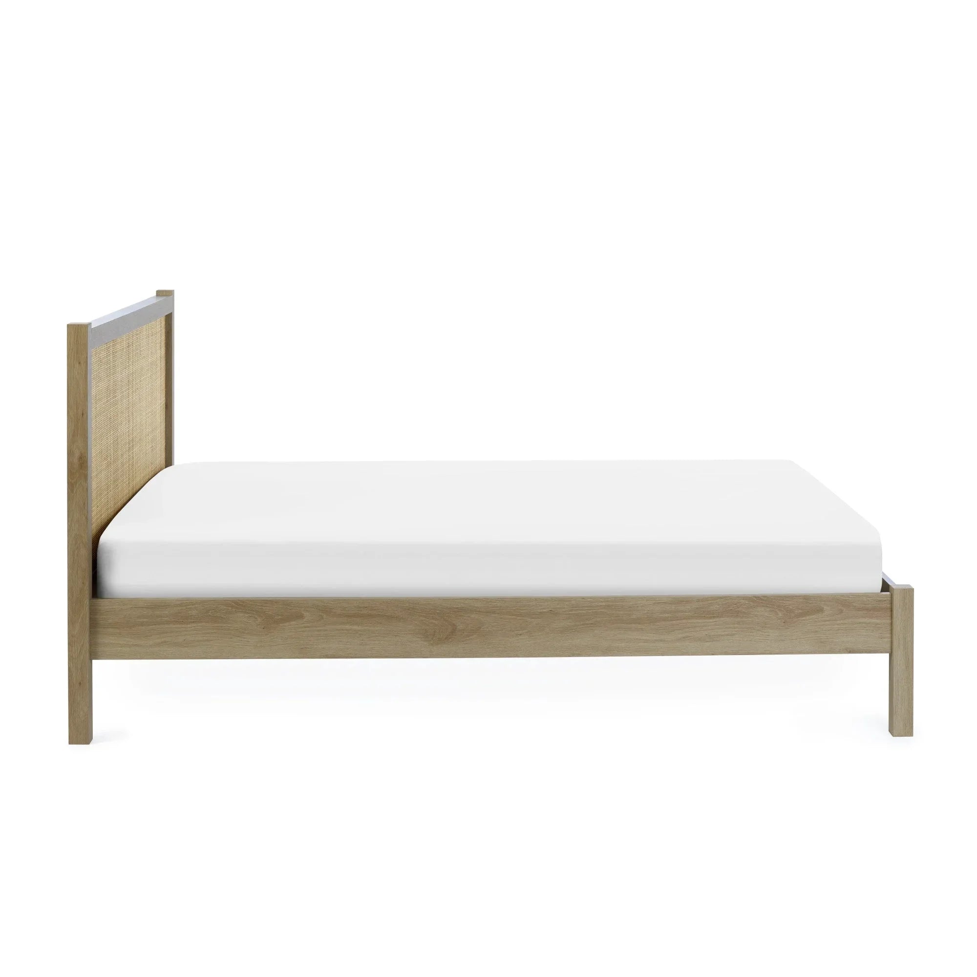 Oak rattan double bed frame with white mattress, side view, minimalist modern style