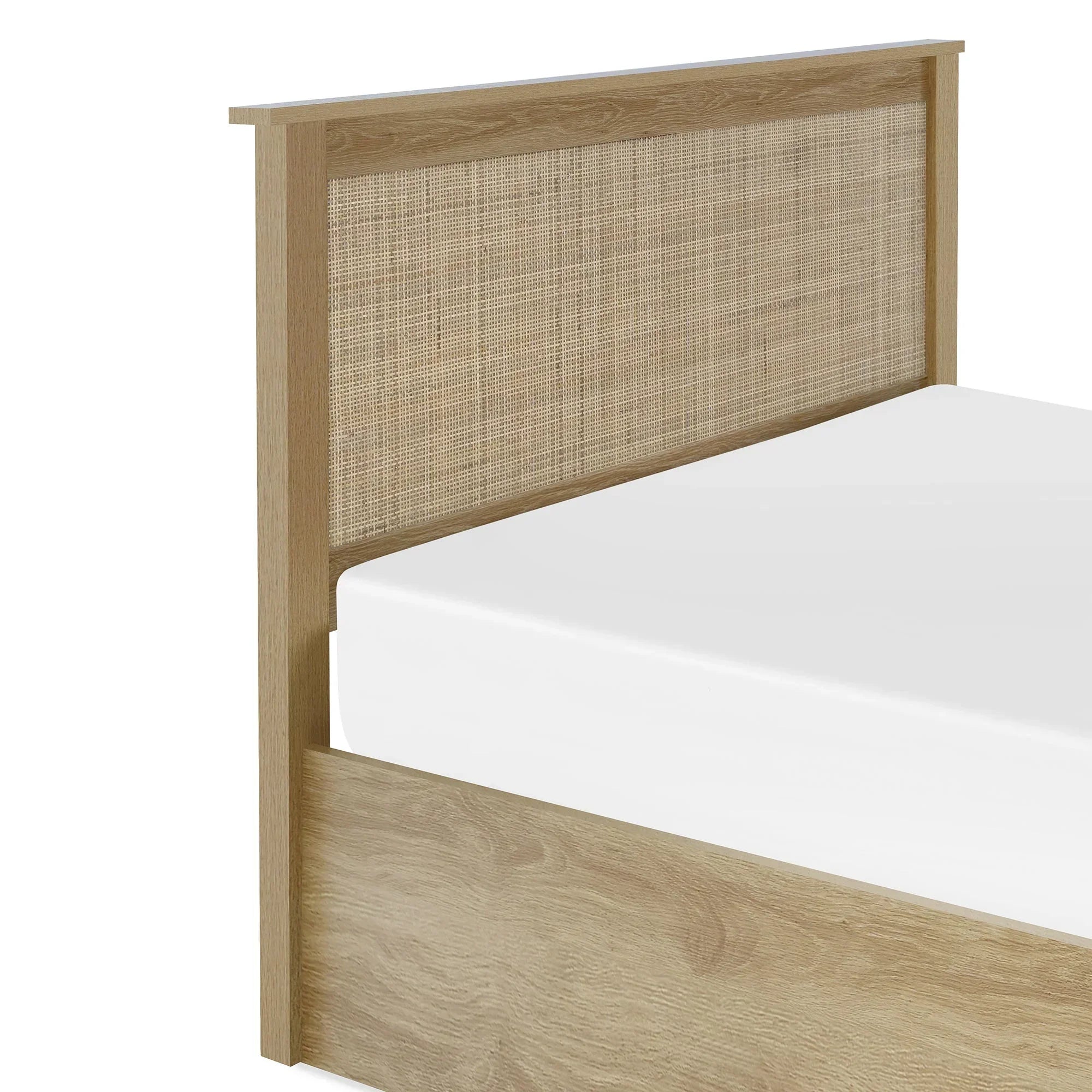 Padstow oak rattan double ottoman bed showing headboard and natural wood grain finish
