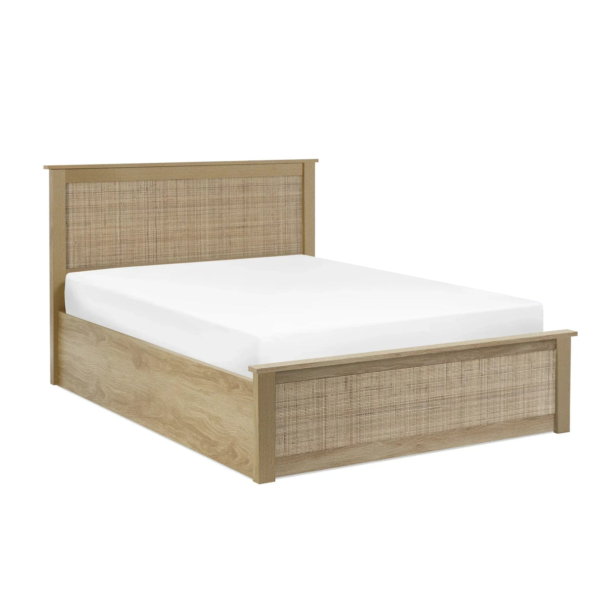 Oak rattan double ottoman bed with storage, natural wood frame, angled side view