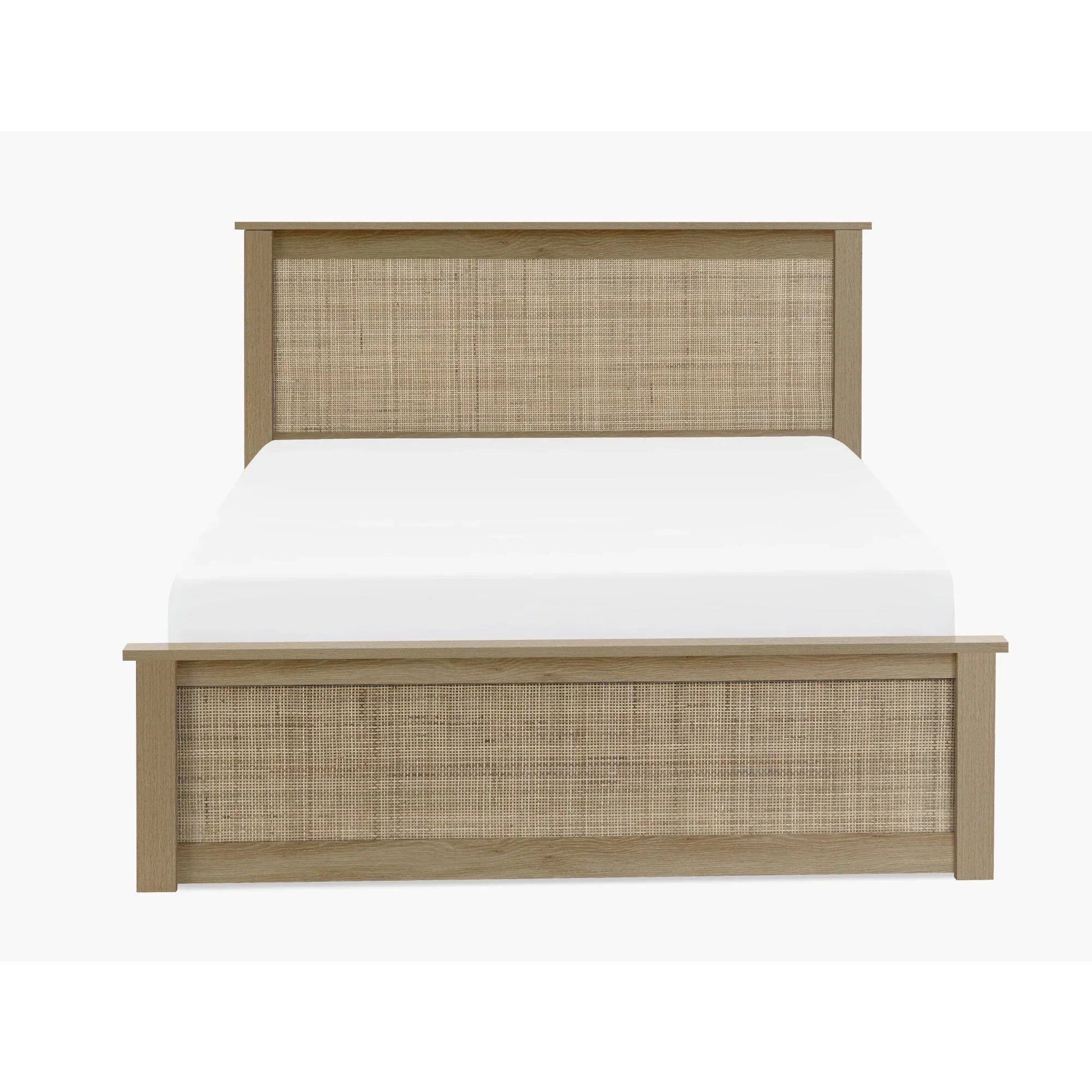 Padstow oak rattan 135cm double ottoman bed with white mattress, headboard and footboard view
