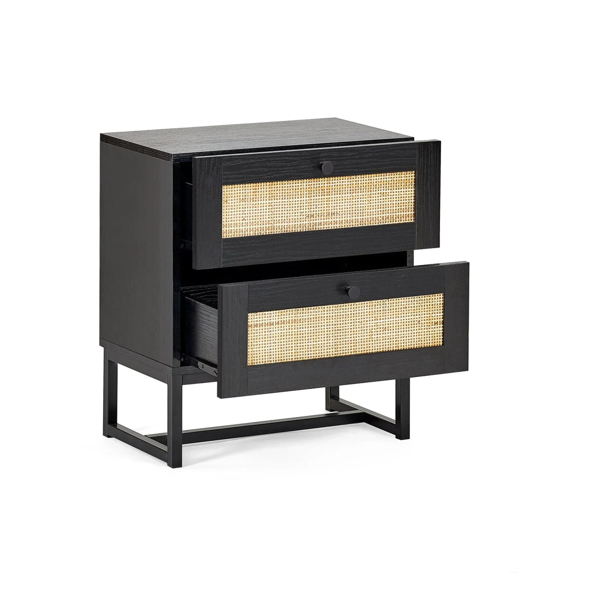 Black bedside table with two rattan front drawers, both open, on metal frame