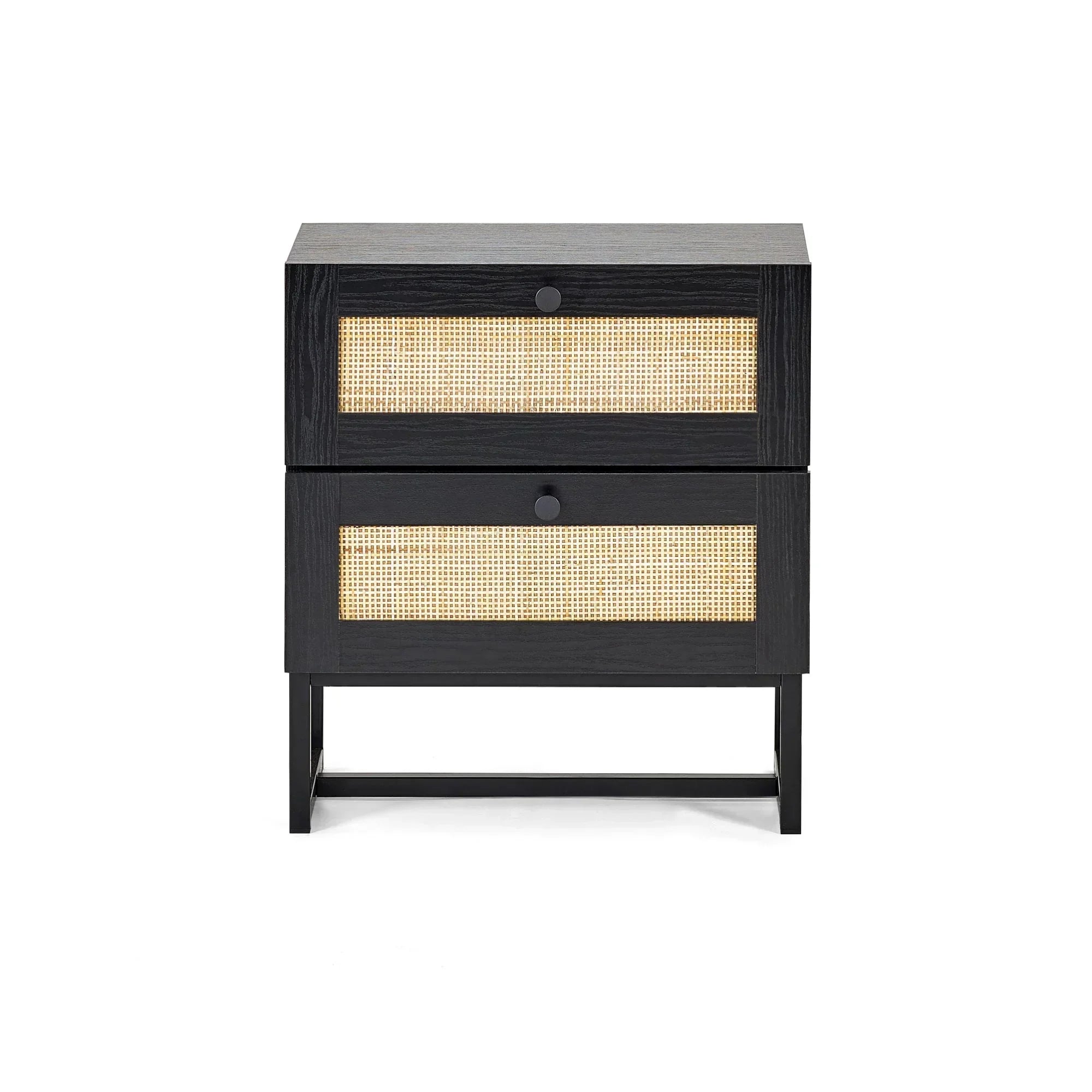 Black two drawer bedside table with rattan drawer fronts and metal legs front view