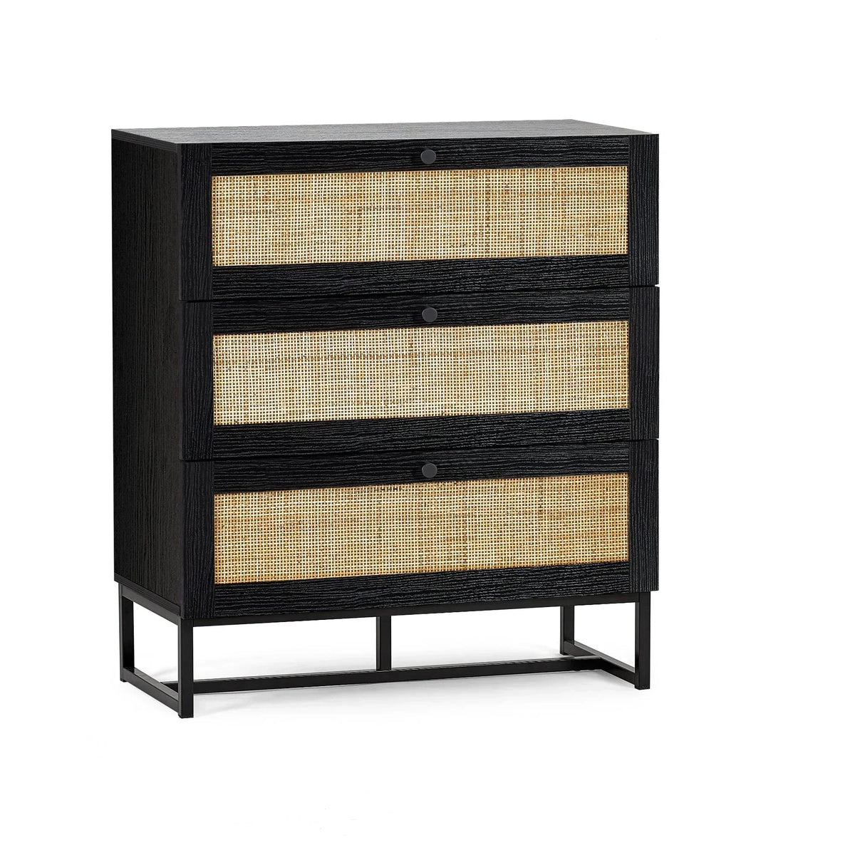 Black three drawer chest with woven rattan fronts and metal legs on white background