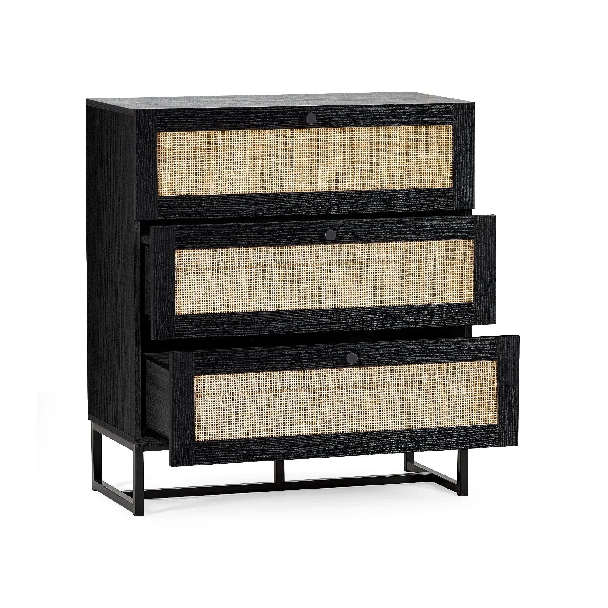 Black three drawer chest with rattan fronts and metal legs, two drawers open