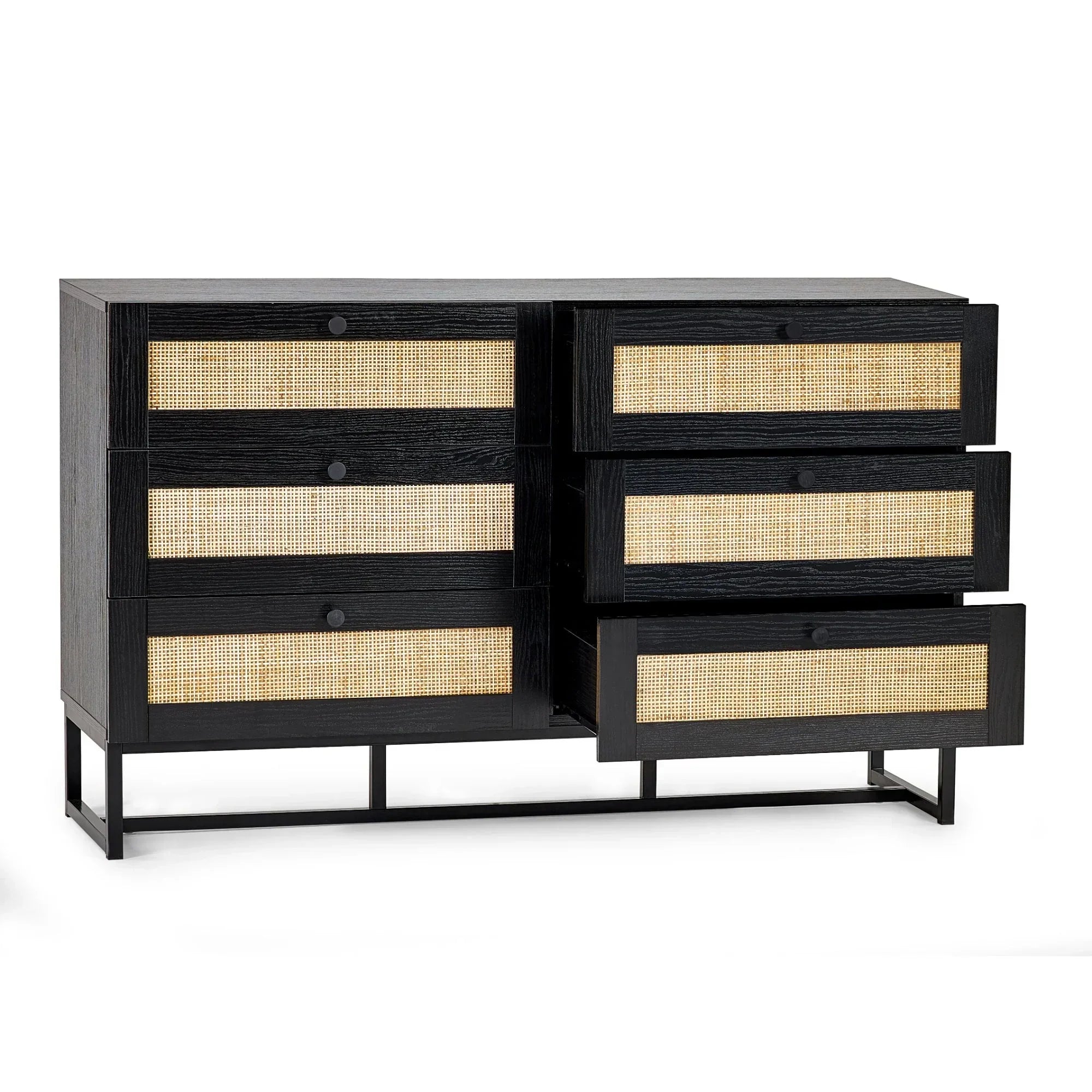 Black 6 drawer chest with rattan fronts, three drawers shown open, modern metal legs