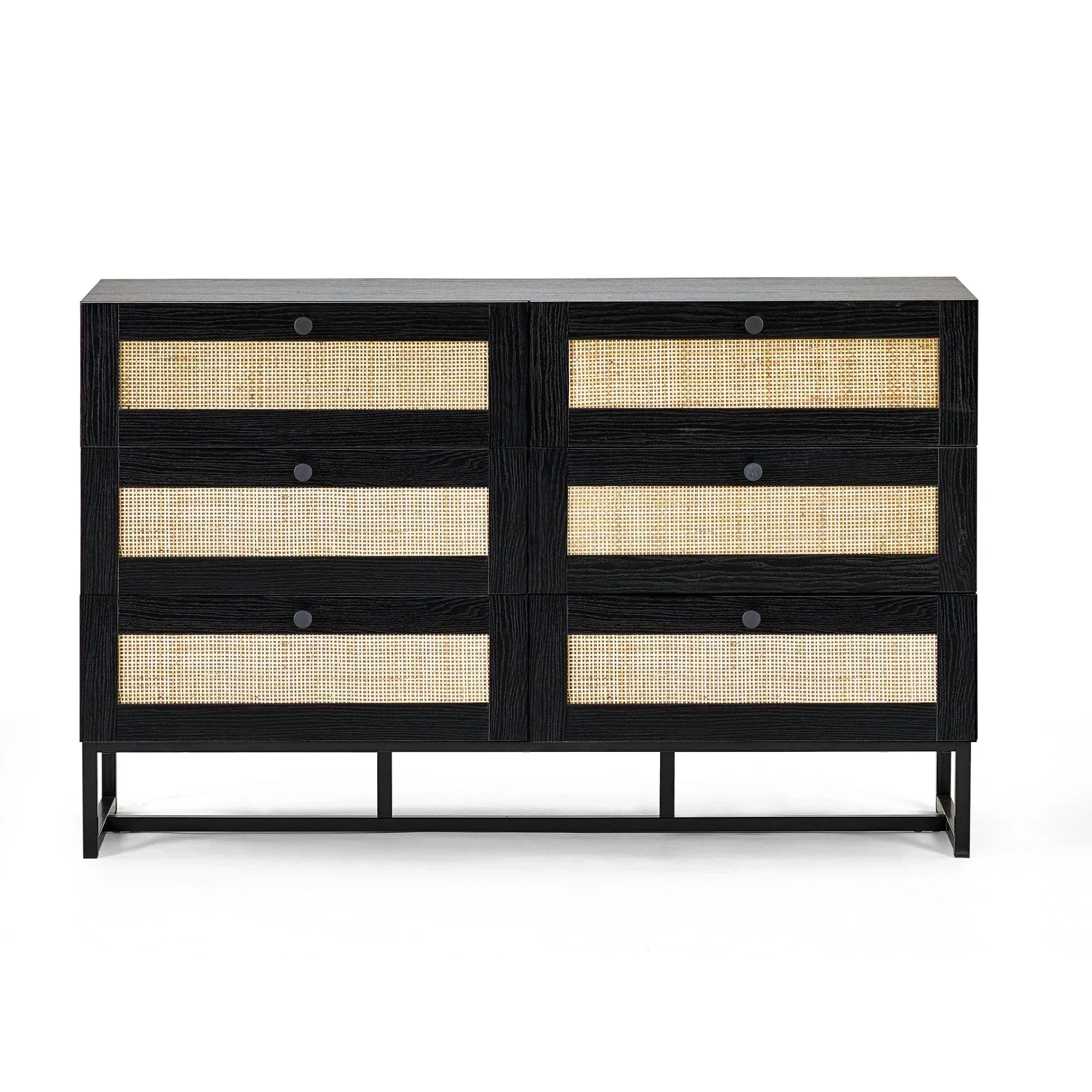 Black six drawer chest with rattan fronts and metal legs, front view