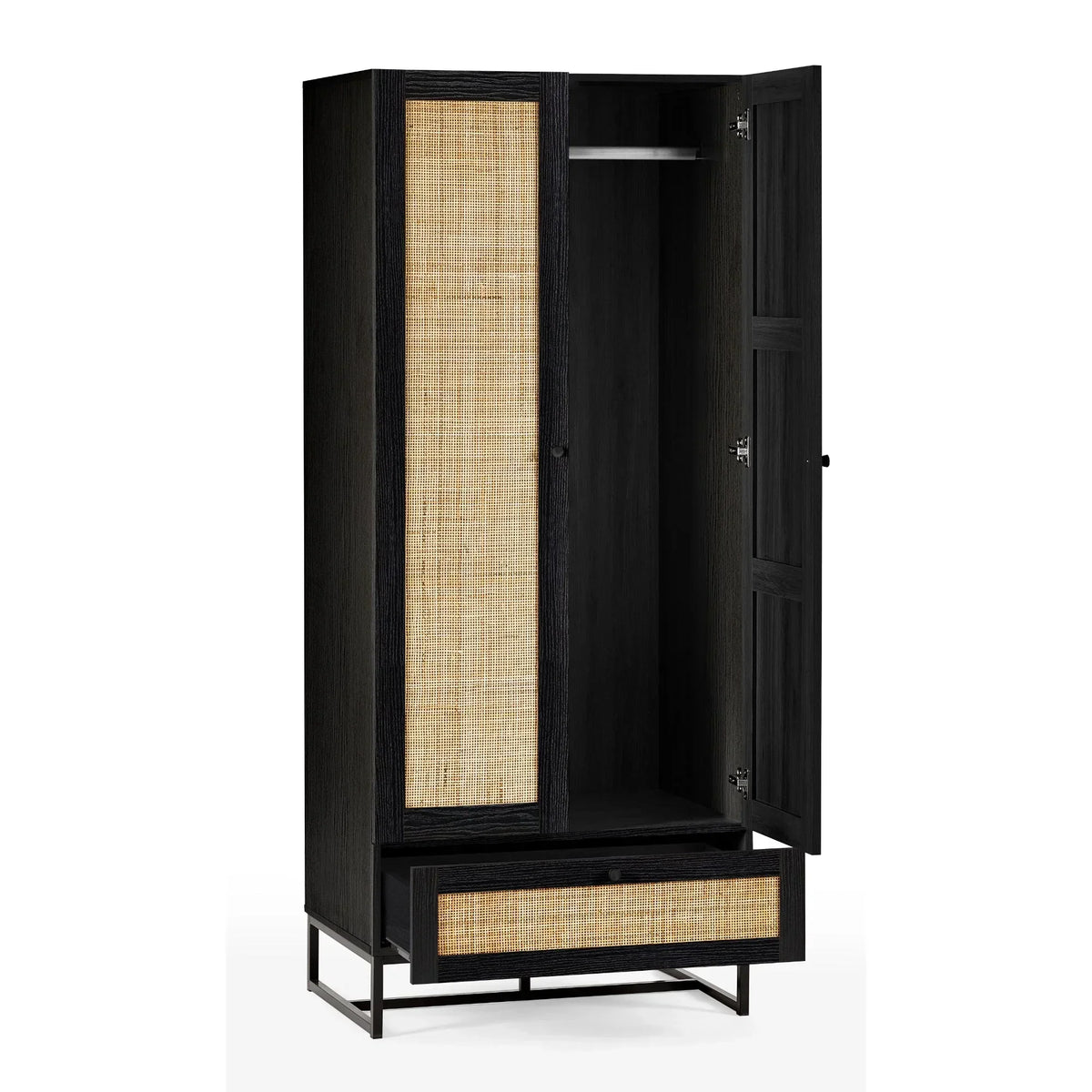 Black wardrobe with rattan panels, open door and drawer, metal frame base