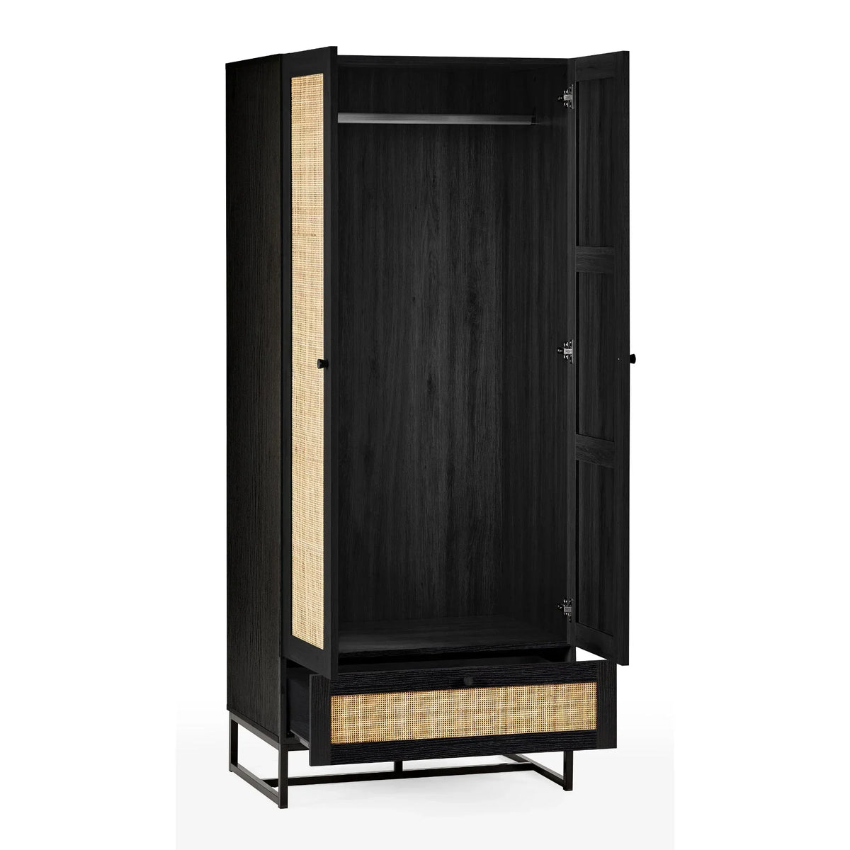 Black wardrobe with open doors, hanging rail, bottom drawer and rattan panel accents
