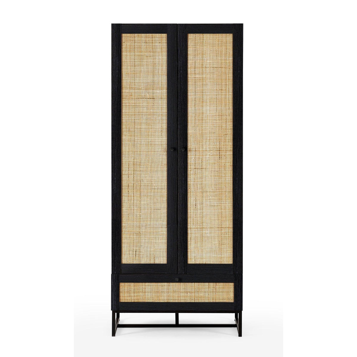 Black wardrobe with woven rattan panels and lower drawer, front view on white background
