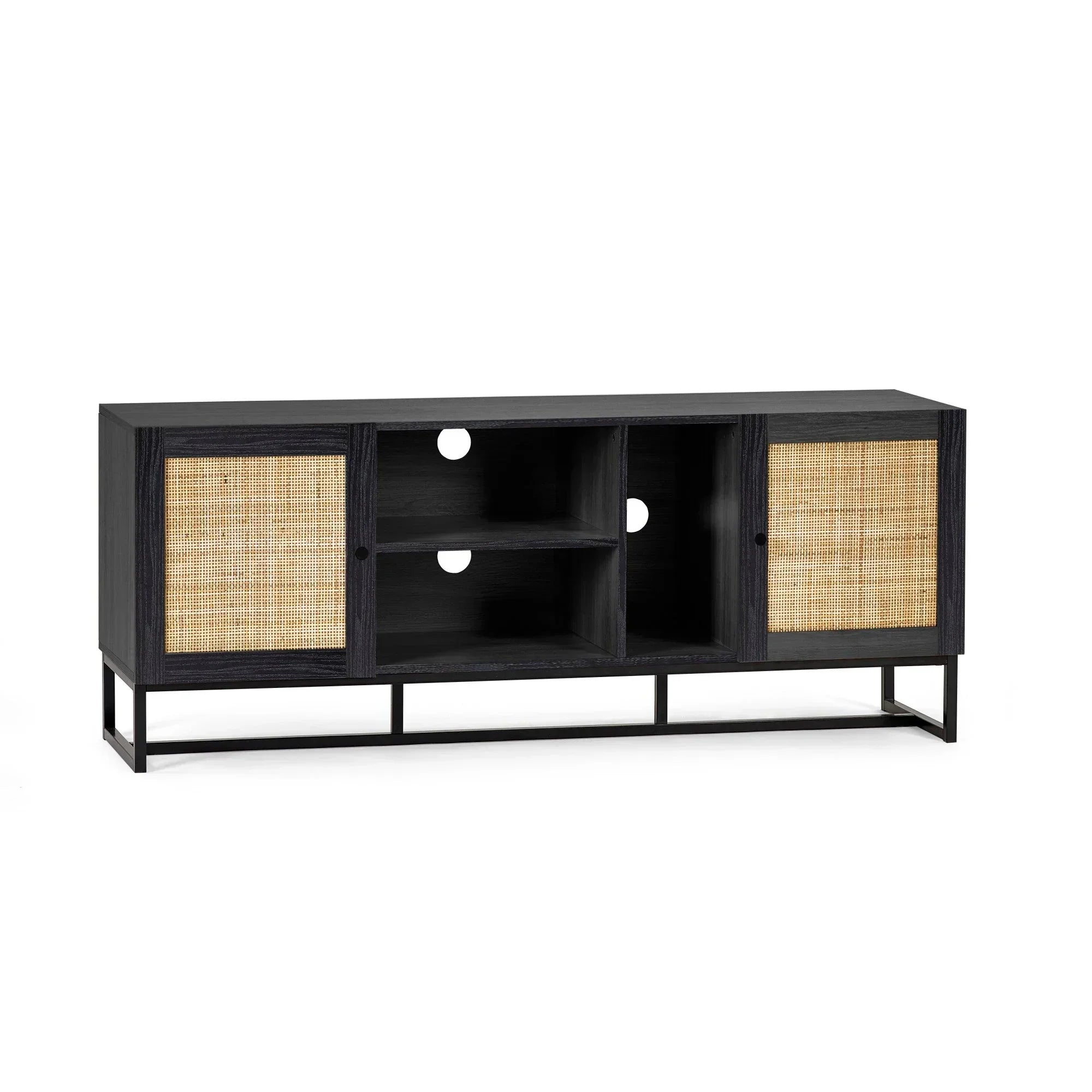 Black wood TV unit with rattan cabinet doors, open shelving and cable management holes