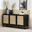 Black sideboard with three rattan doors, decorative vases and artwork on top, modern room