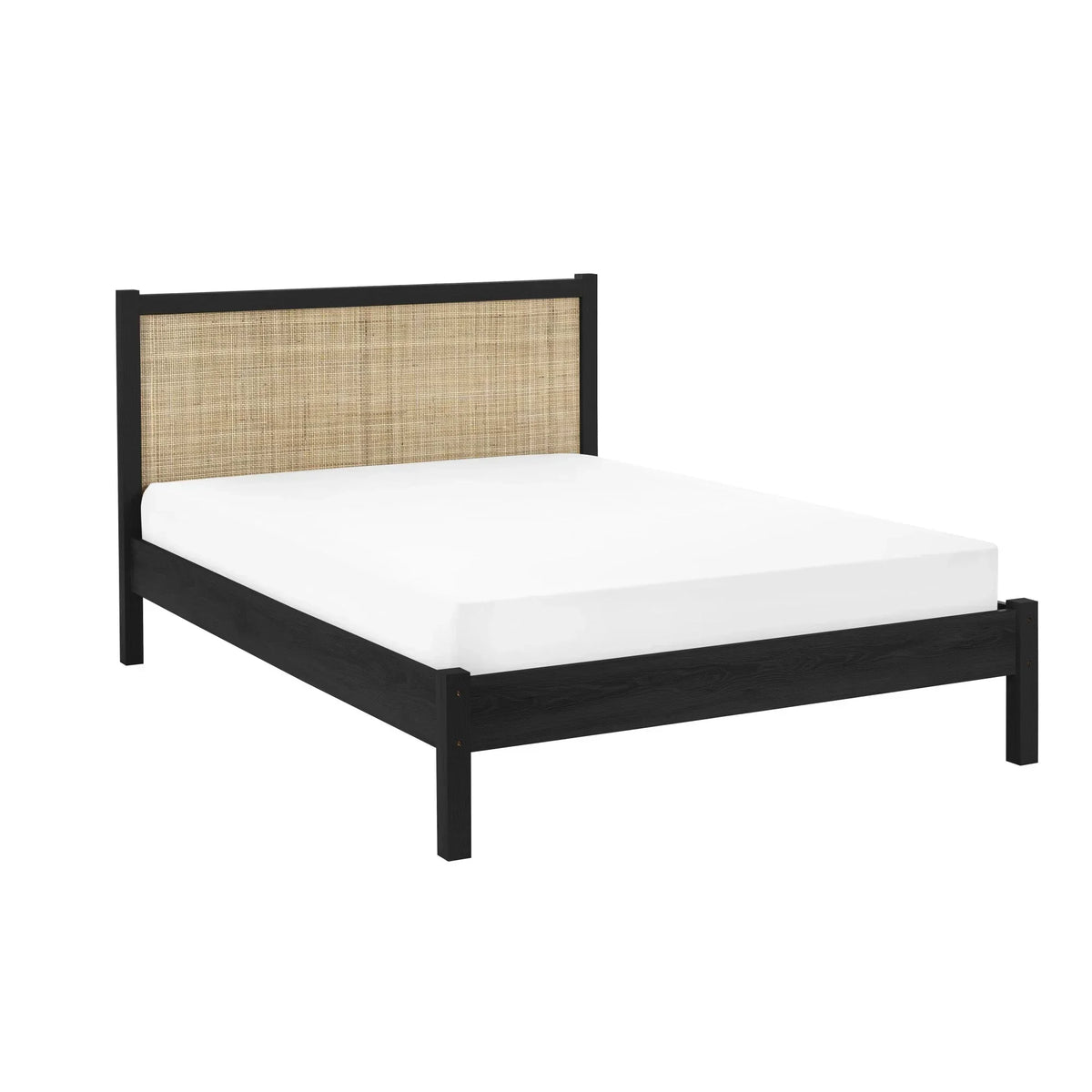 Black rattan double bed frame with natural woven headboard and white mattress, cutout view