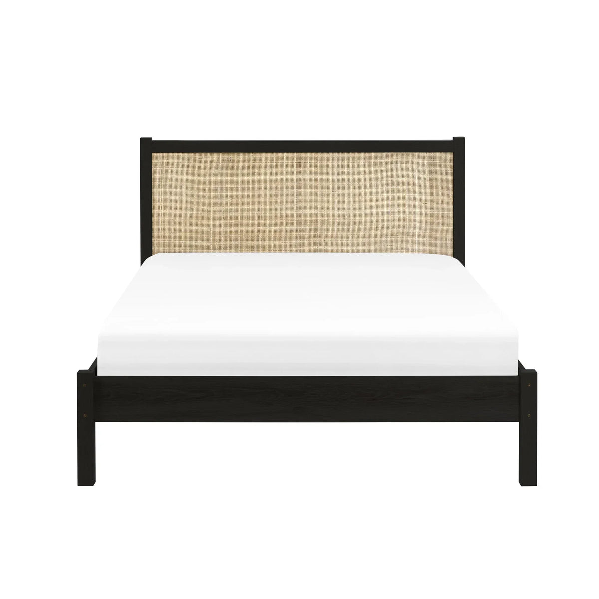 Black rattan double bed with natural woven headboard and minimalist frame, front view