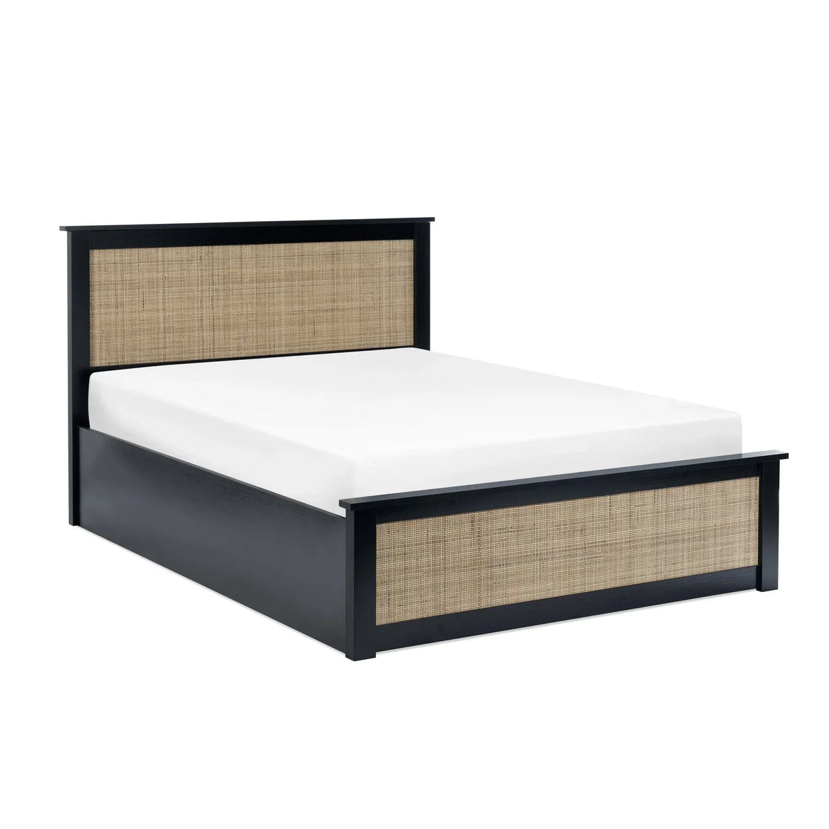 Black rattan ottoman bed frame with woven panel headboard and footboard on white background