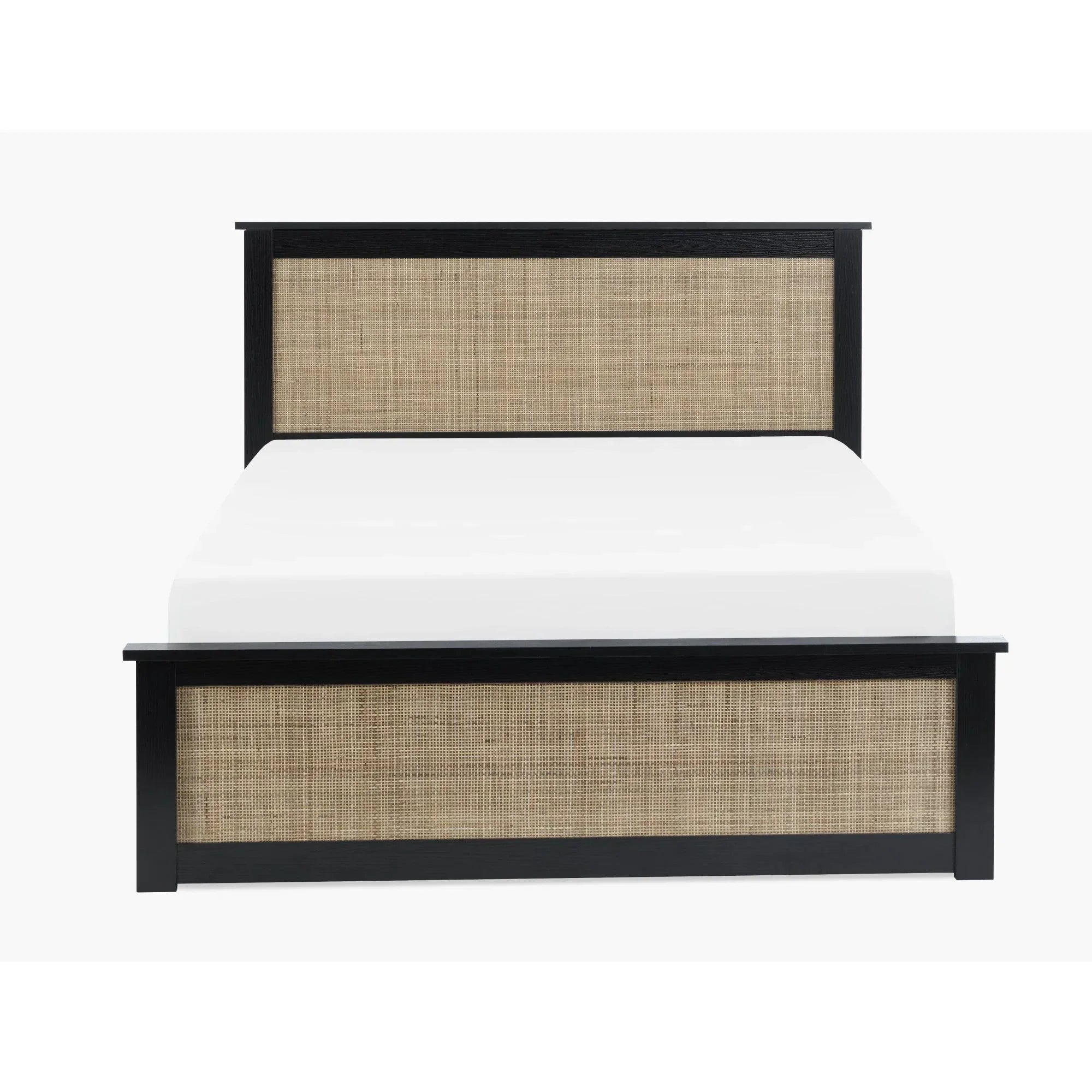 Black rattan ottoman bed frame with natural woven panels, viewed from the front